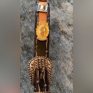 Italian Leather and Suede Black and Brown Belt with Silver and Gold Color Detail